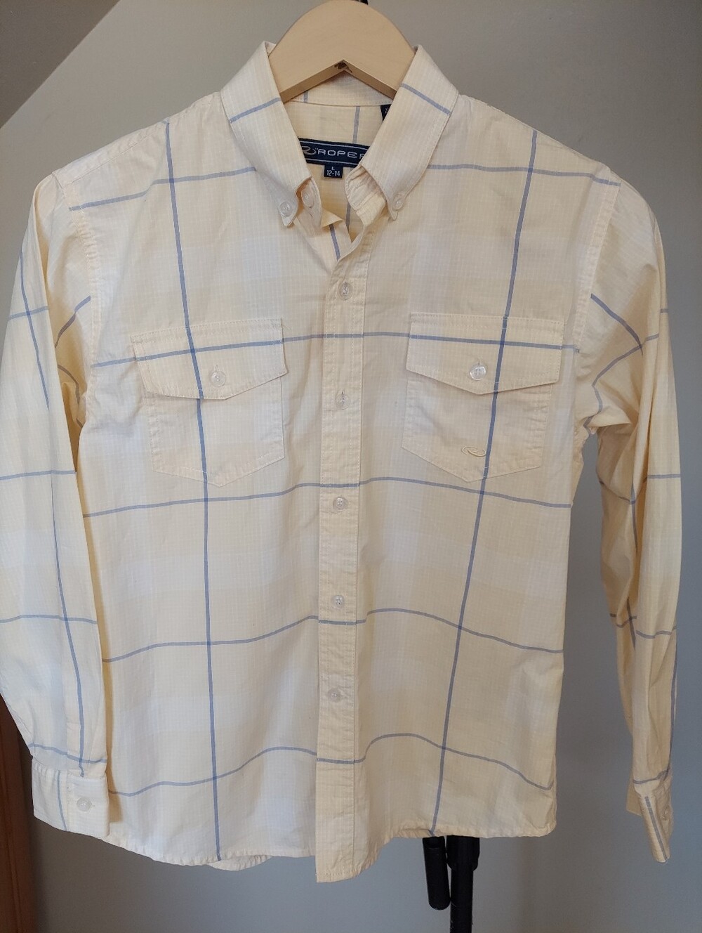 Roper Boys  Button-Down Western Shirt Yellow Blue Sz L 12-14 100% COTTON